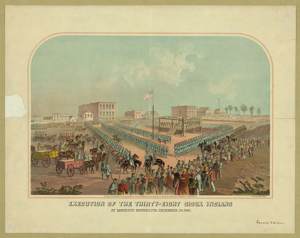 Print of a drawing depicting the 1862 execution of 38 Dakota men at Mankato, Minnesota, by John C. Wise (public domain)