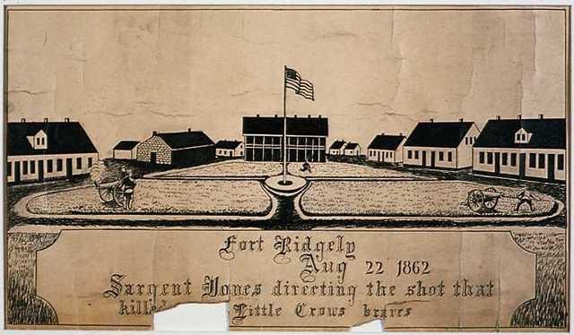Print of Fort Ridgely in 1862, showing a parade ground with a tall flag in the centered, surrounded by simple buildings