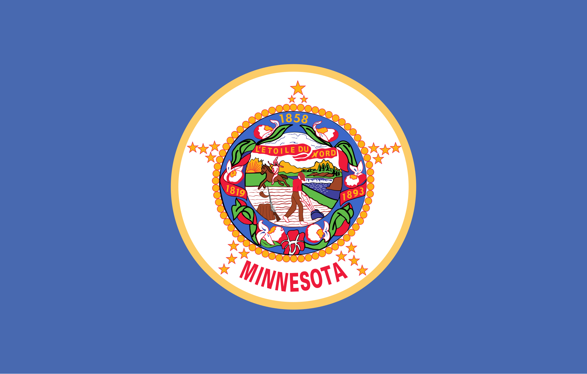 The former flag of Minnesota, comprised of the circular state seal on a blue background. The seal is full of symbolism, most notably showing a farmer plowing a field, looking at a red Indian (literally the color red) on horseback as he rides away. The indian carries a slender spear, while the farmer keeps a rifle nearby leaning on a stump. In the background, the sun is setting near St. Anthony Falls. The state motto, L'Etoile Du Nord, appears above.